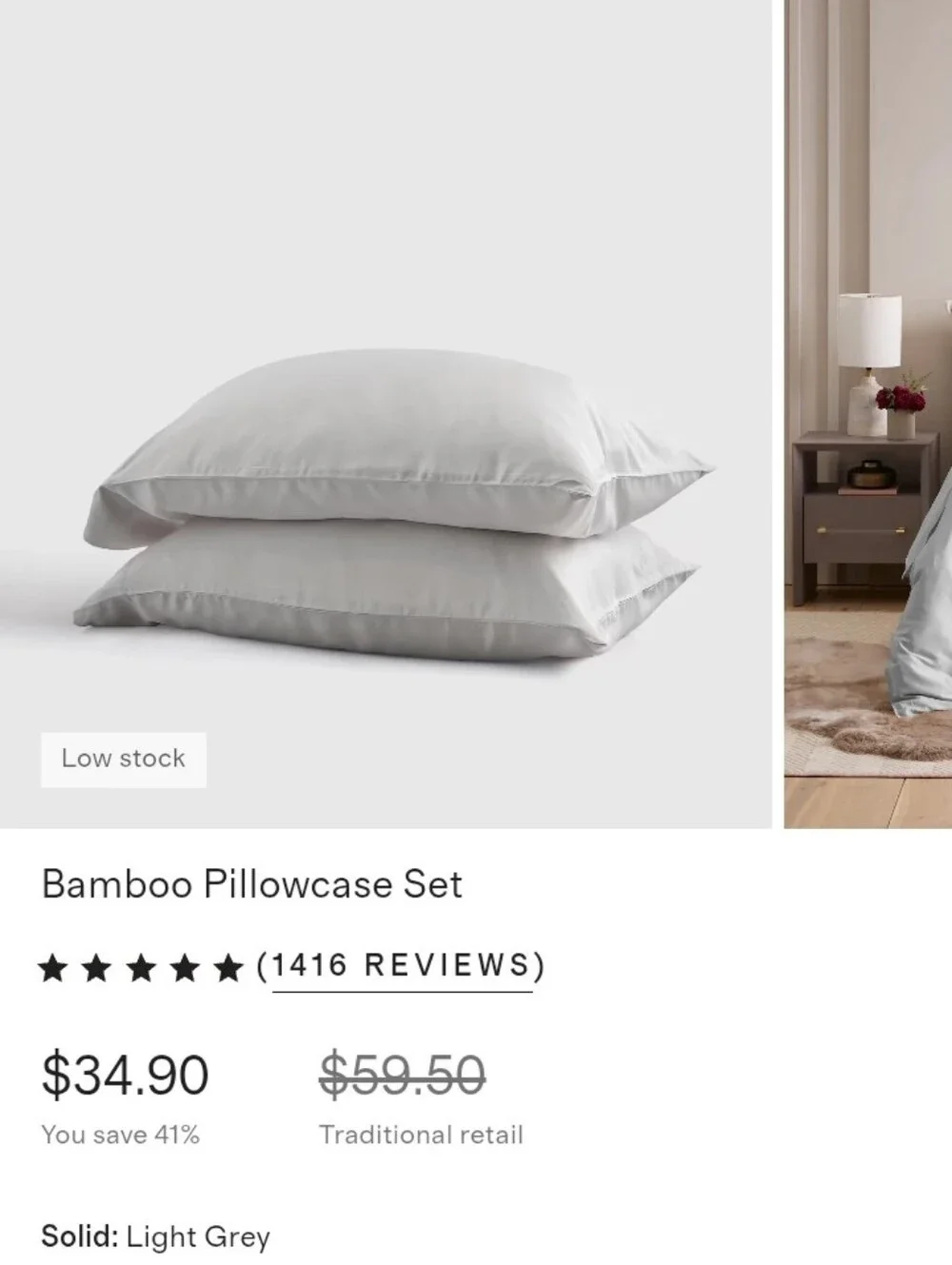 🌁 NWOT: QUINCE; PAIR 100*% ORGANIC BAMBOO VISCOSE PILLOWCASES, LT. GREY, KING.
